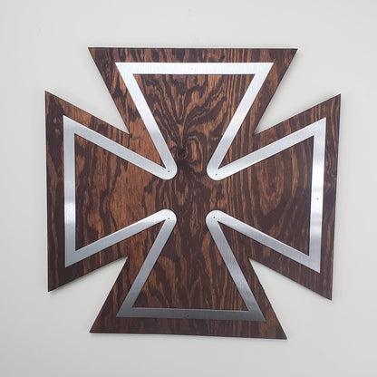 Maltese Cross Metal Art on Wood front view