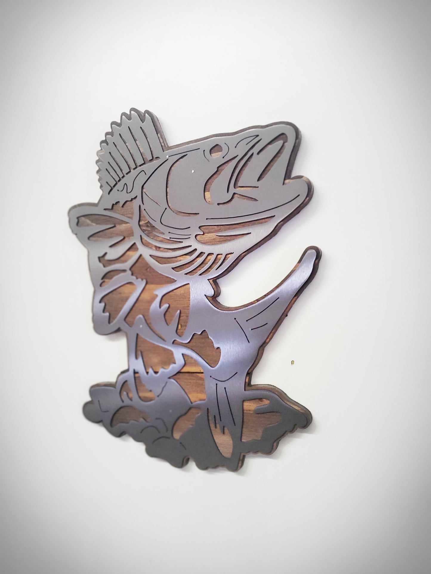 Walleye on the Rocks Metal Art on Wood