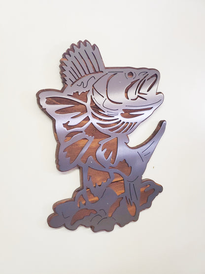 Walleye on the Rocks Metal Art on Wood