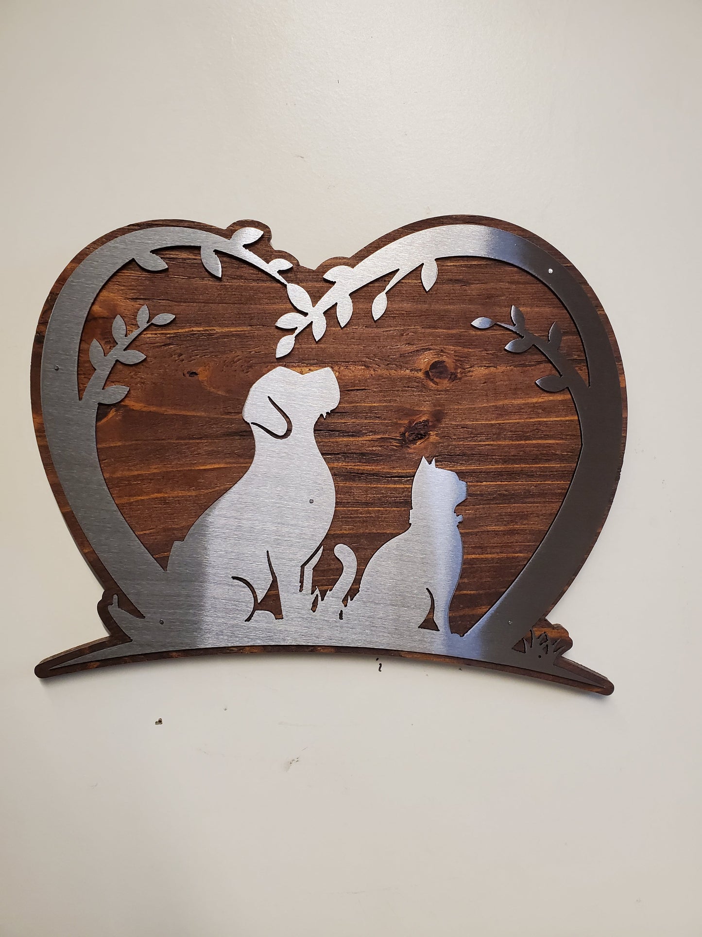 Dog and Cat in a Heart Metal Art on Wood