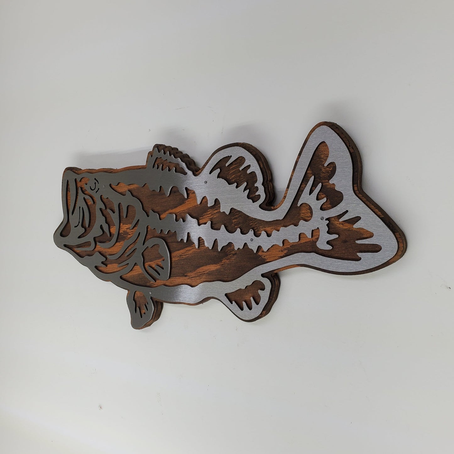 Large mouth Bass metal art wall decor on wood